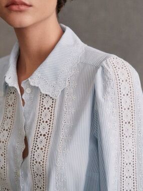 Sézane Lace Trim Striped Blouse – Romantic Cotton Button Down